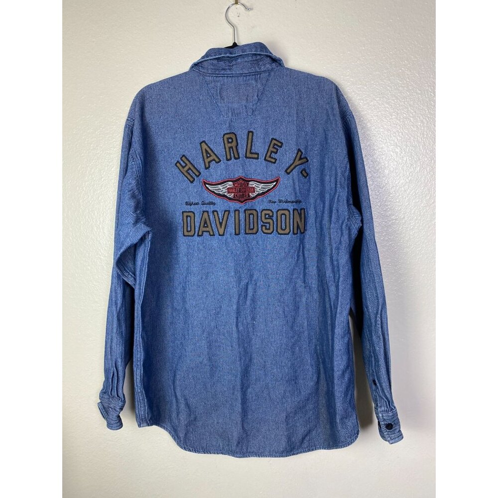 Harley-Davidson Mens Blue Herringbone Denim Button Up Shirt Embroidered Size XL